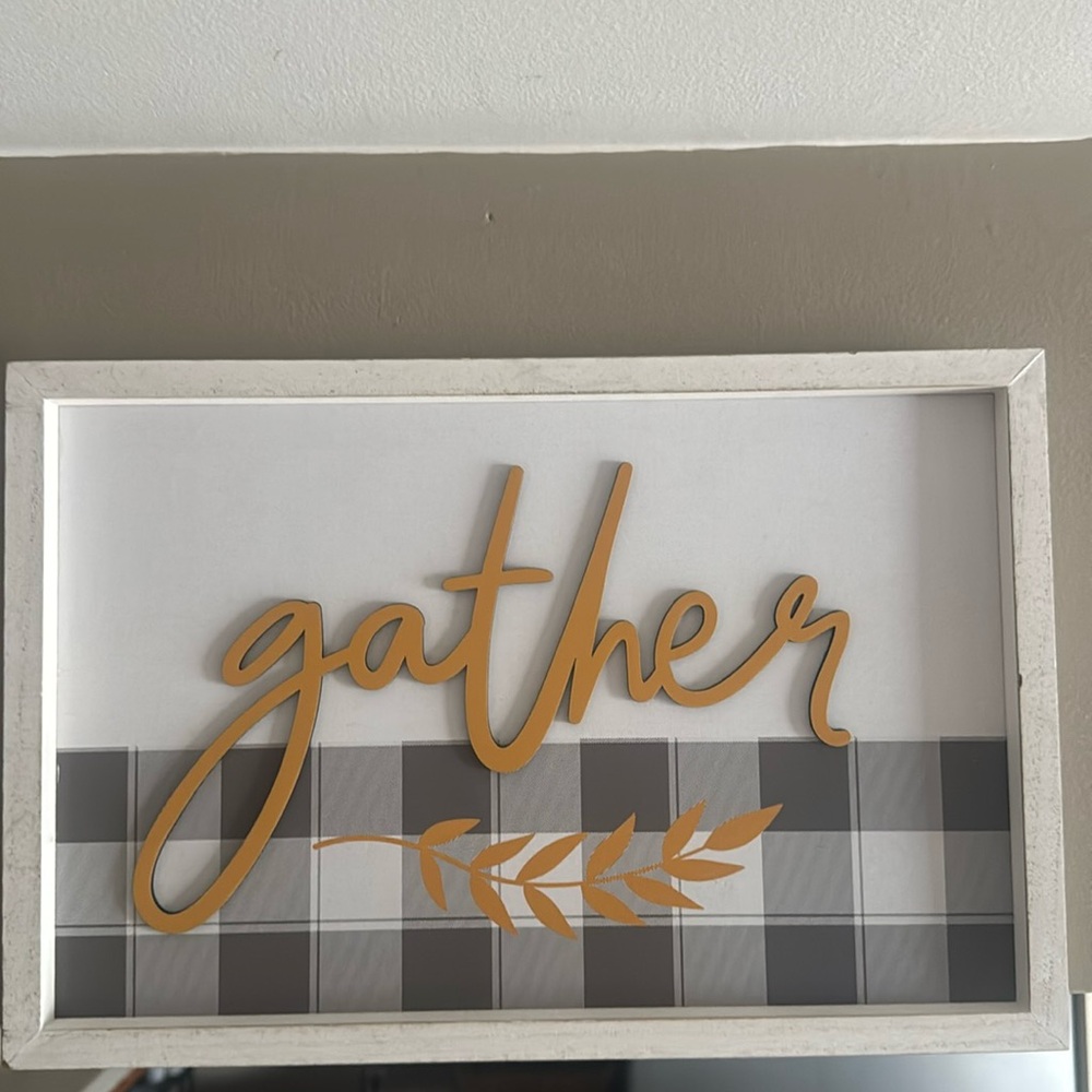 NEW Framed “Gather” Home Decor Wall Sign Plaid & Gold Wooden Fall Style Accent